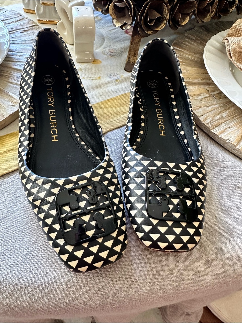 Tory Burch Black and White Triangle-Print Logo Flats